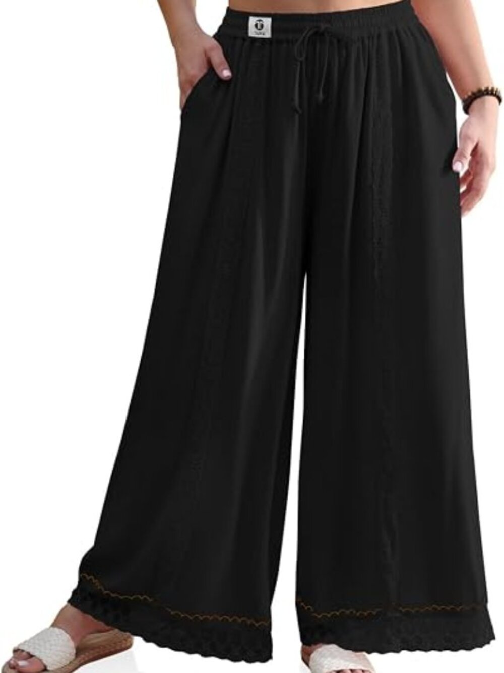 TARSE Womens Linen Wide Leg Pants (L) Black